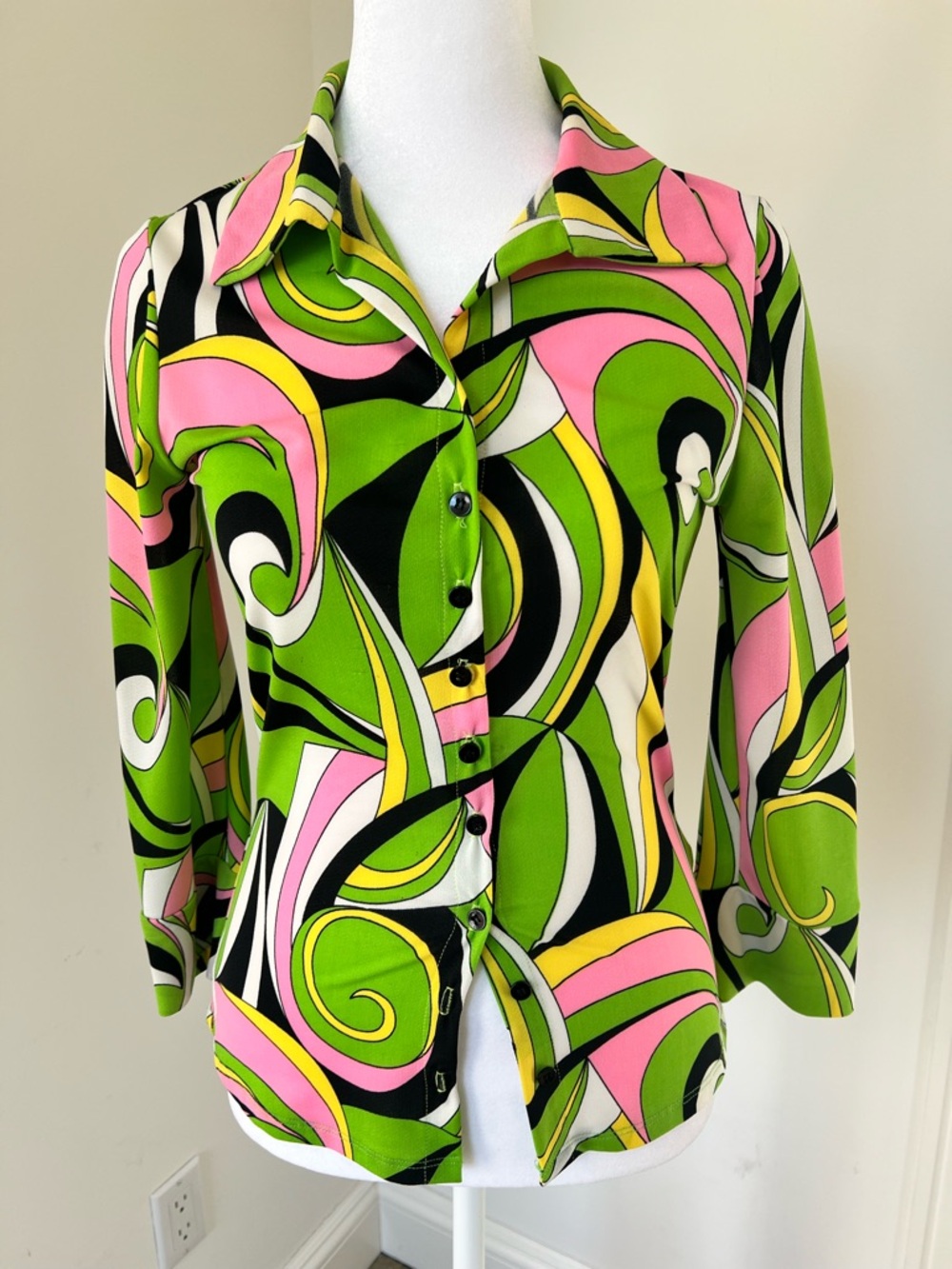 Vibrant Swirl Print Button-Up Top in Green & Pink
